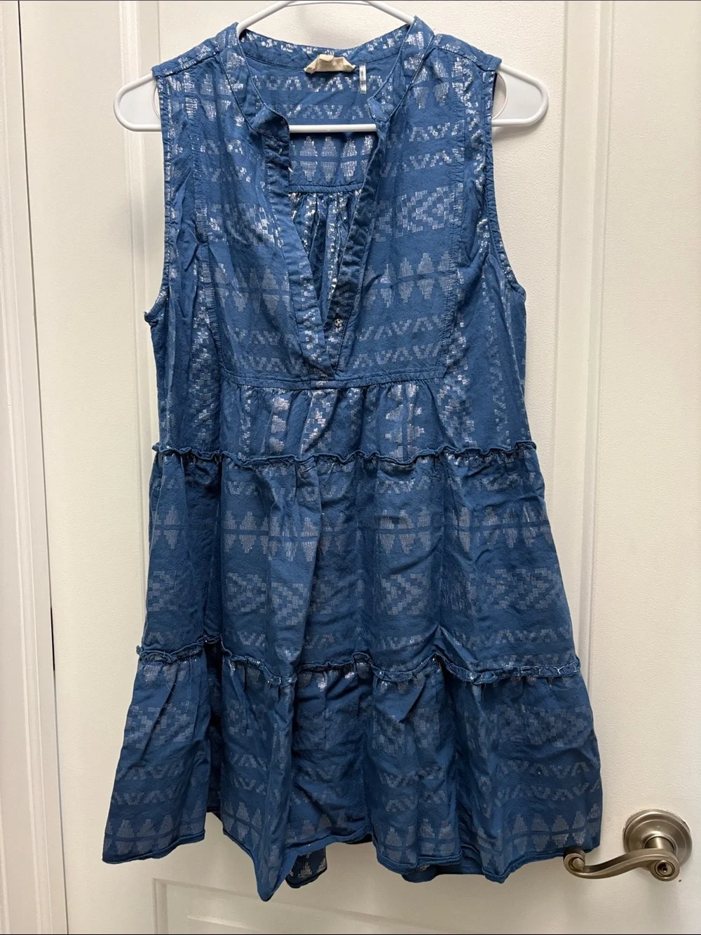 Elan Blue Metallic Burnout Tiered Boho Mini Dress Medium - Picture 2 of 7